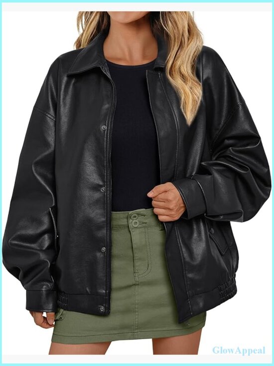 Jackets & Blazers - Oversized Faux Leather Motorcycle Jacket with Zipper Closure Long Sleeve